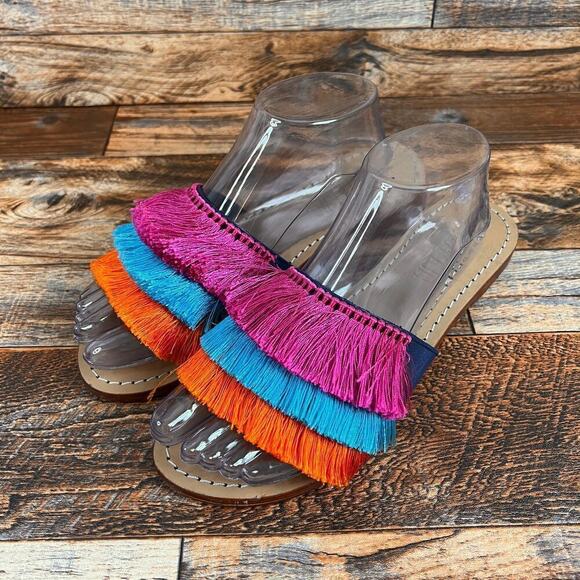 Mystique Caracas Slide Sandals Women's 9 Leather Fringe Shoe Summer Unique Fun - Picture 1 of 9